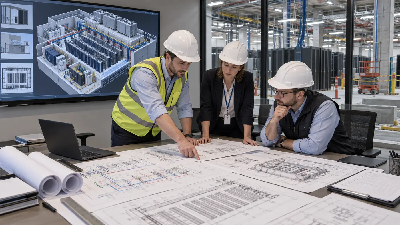 Инженеры проверяют комплект проектной документации ЦОД, BIM-модель и инженерные схемы электроснабжения и охлаждения
