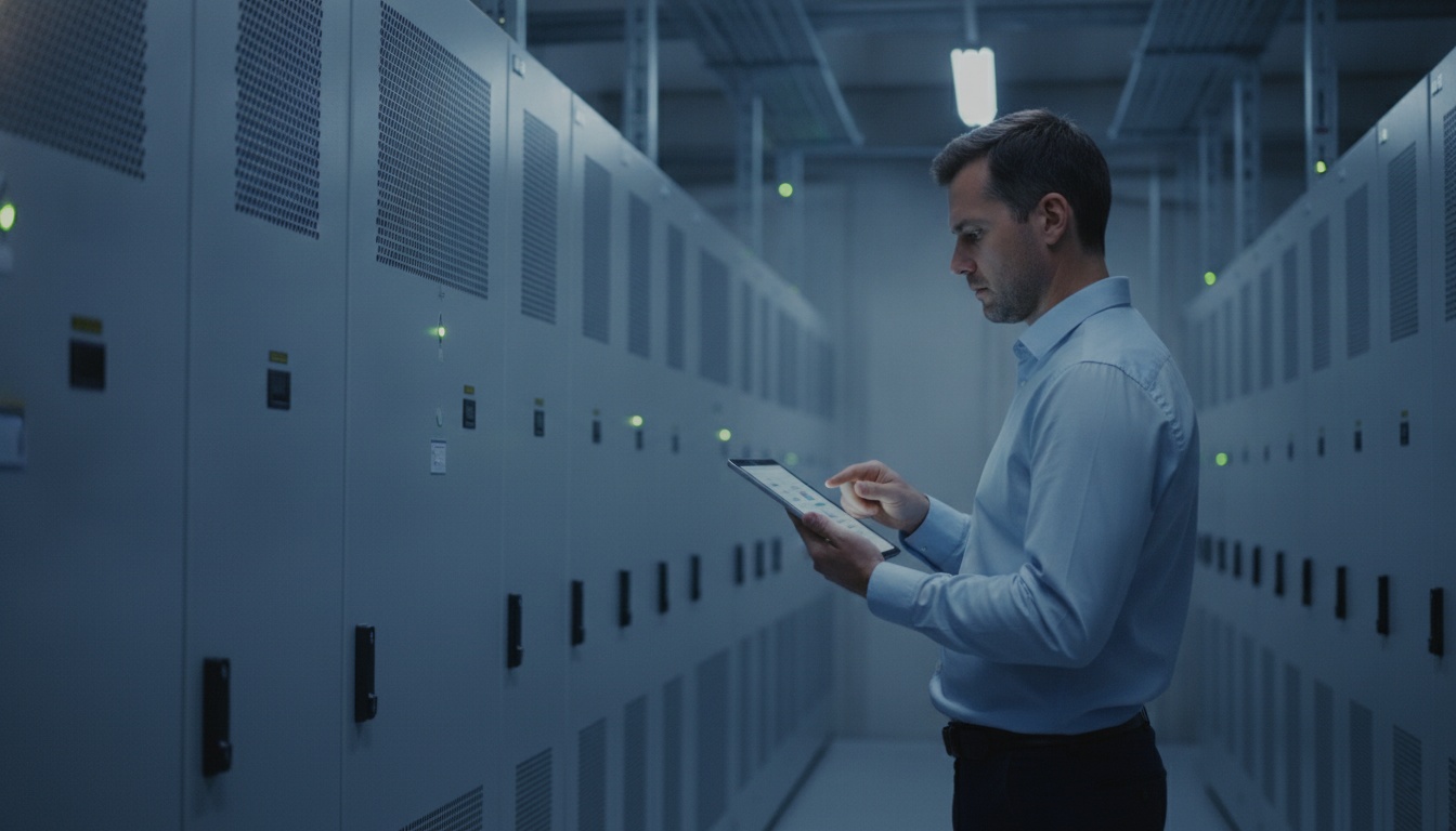 Инженер с планшетом в зале ЦОД — сертификация Uptime Institute